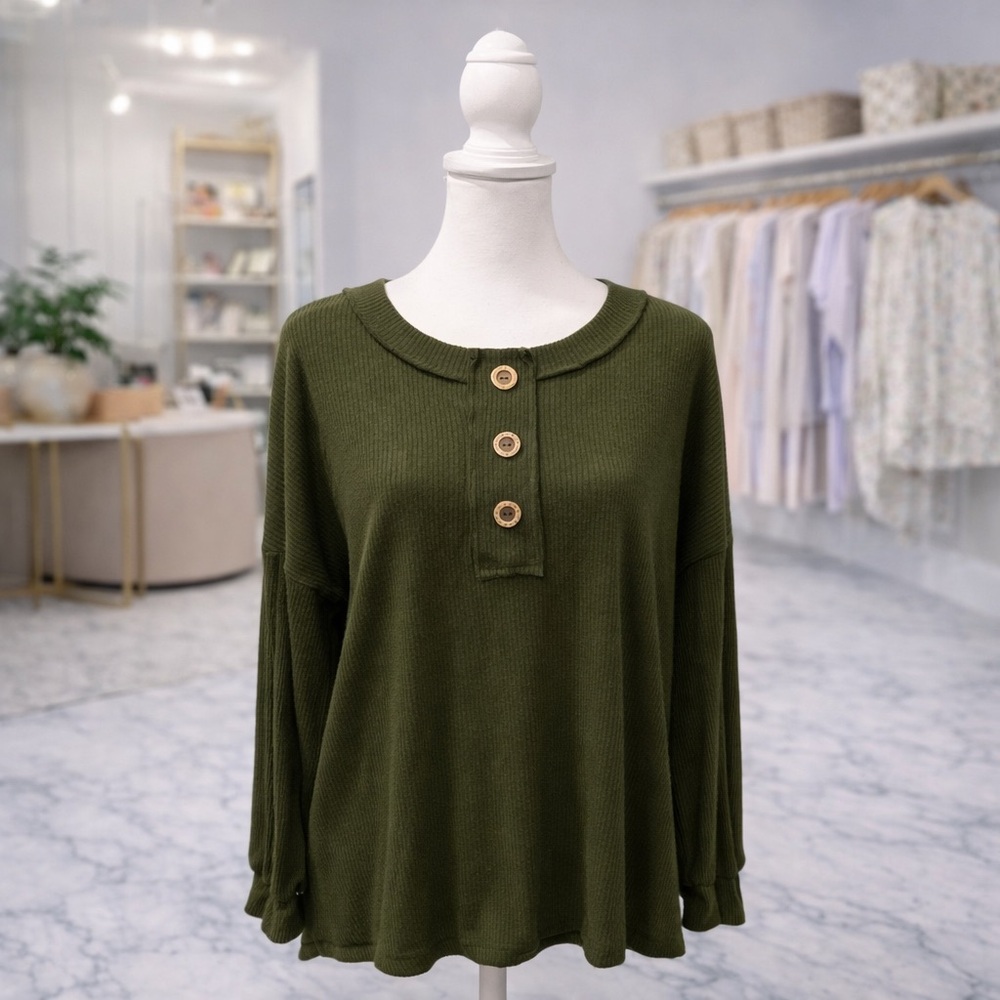 White Birch Olive Ribbed Oversized Top Puff Sleeve Side Slit Small NWOT